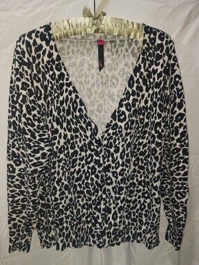 Pure Energy Black & White Leopard Print V-Neck Cardigan